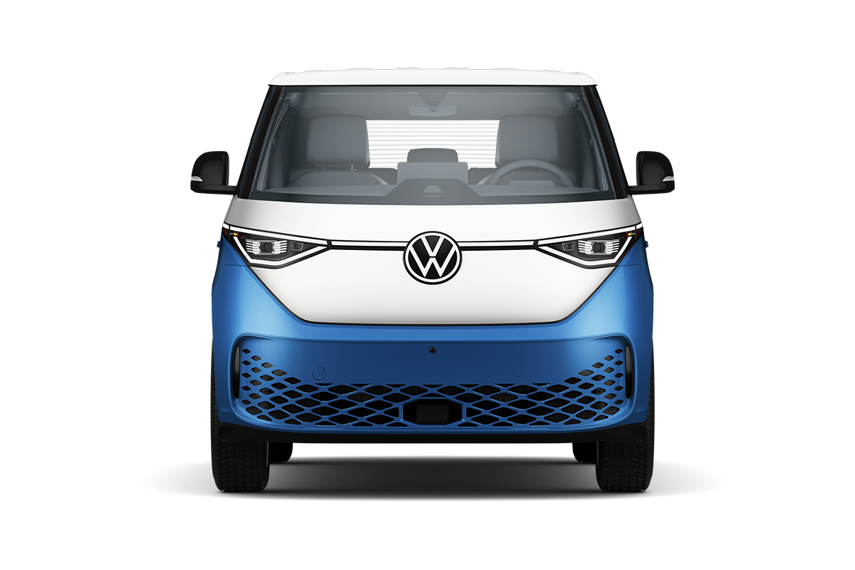 An image showing a front view of the ID. Buzz in Cabana Blue Metallic in front of a two-tone white and blue background.